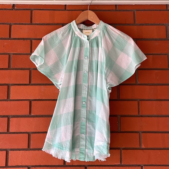 MAEVE ANTHROPOLOGIE Short Sleeve Flutter Plaid Gingham Button Front Top - Picture 3 of 8